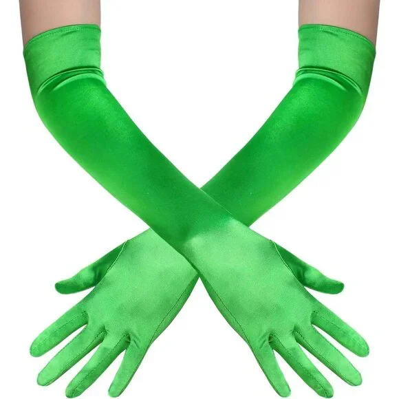 Women's Green Vintage Satin Long Gloves Party Tea Costume Stretchy Elbow Length - Picture 2 of 6